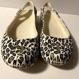 Crocs Kadee Thea Slingback Ballet Flats 7 Sandals Snow Leopard Animal Slip On